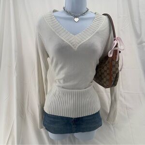 Preppy Y2K White Ribbed Knit Cotton Sweater